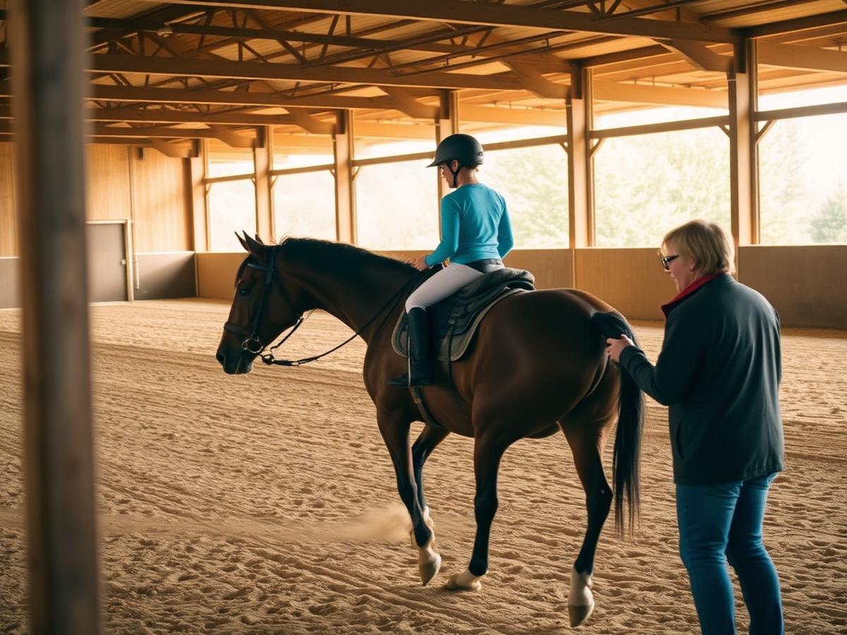 Instructor guiding a beginner rider in the enclosed arena at Wild Retreat