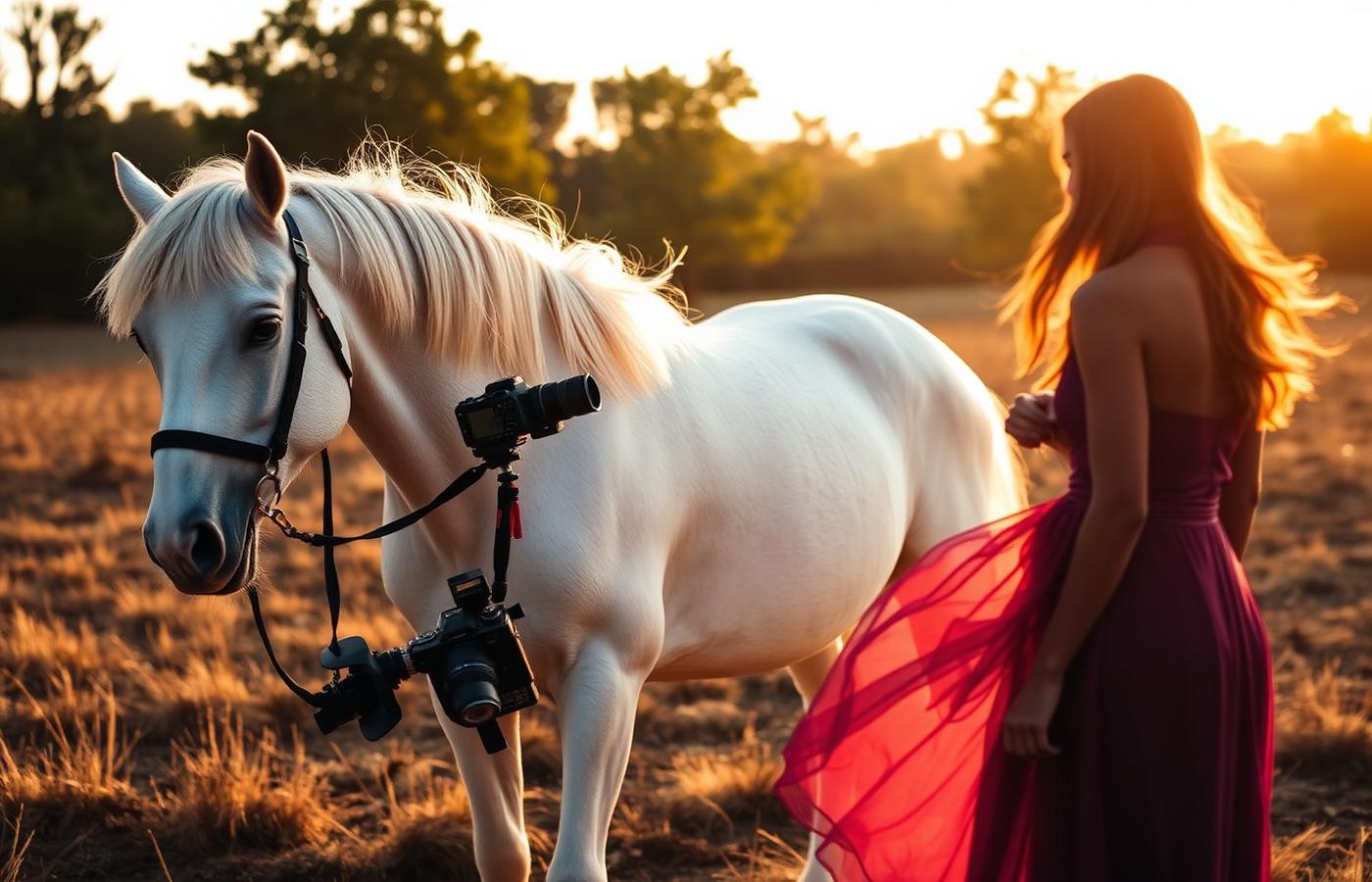 Photoshoot with a white horse at golden hour at Wild Retreat